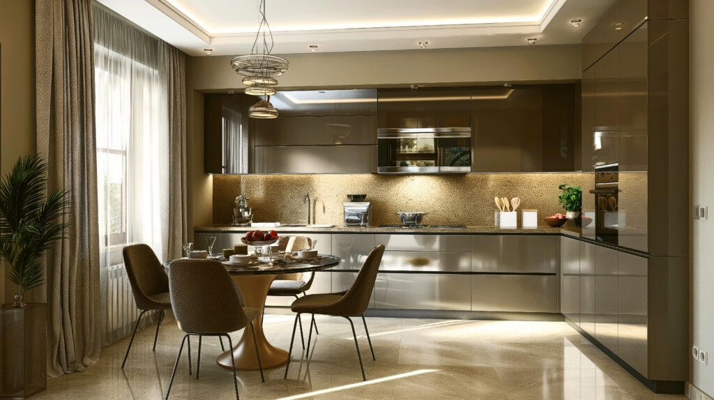 Elegant Modern Kitchen With Dining Area Featuring Natural Light Stylish Decor
