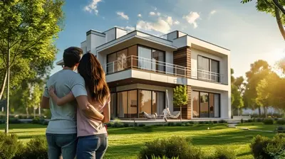 Couple Viewing Modern New Home On Green Lawn